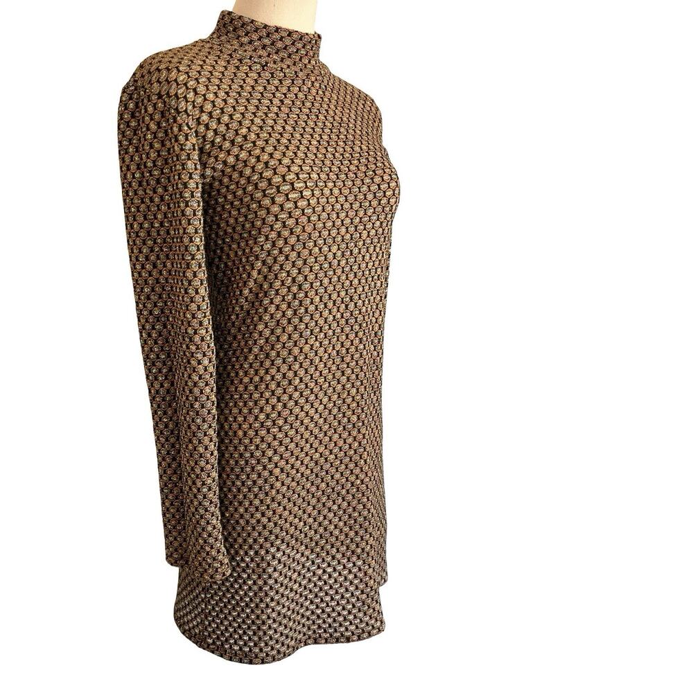 ZARA TRAFALUC Geometric Print Mock Neck Dress Womens S Brown Long Sleeve Mini